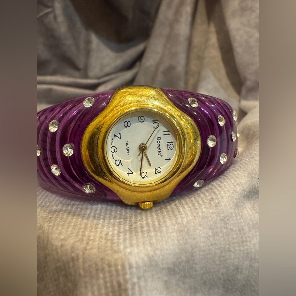 Vtg Bonetto Lucite Watch Women 32mm Purple‎ Tone  Open Cuff  Battery 6.25"